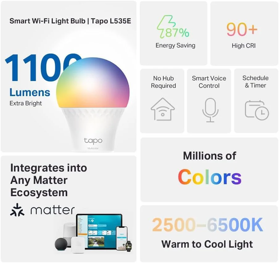 Matter-Certified Dimmable RGBW Smart Light Bulb, Tapo L535E(4-Pack) - Image 3